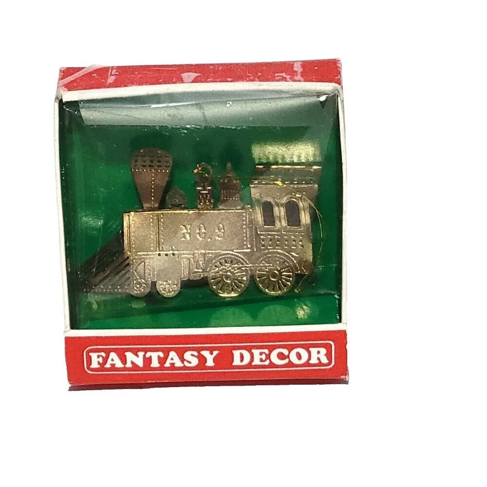 Fantasy Decor Train Engine # 9 Christmas Ornament Brass Gold Dipped In Box - Picture 1 of 2